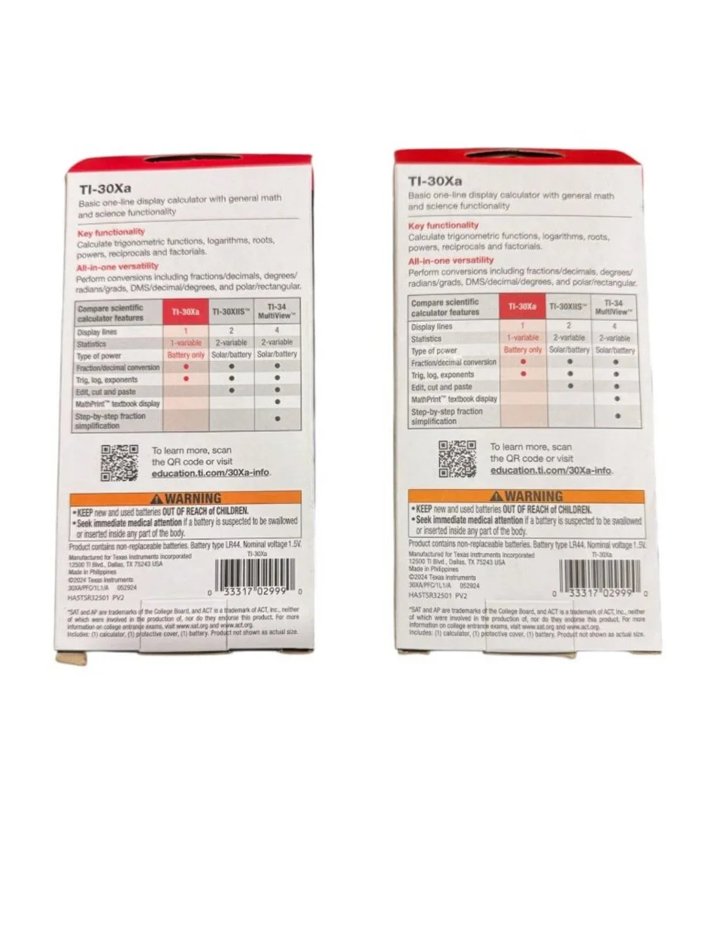 Set of 2 Texas Instruments TI-30Xa Battery-Powered Scientific Calculator With Pr